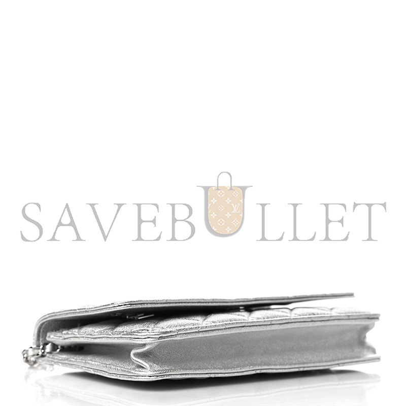 CHANEL METALLIC LAMBSKIN QUILTED WALLET ON CHAIN WOC SILVER AP0250 (19*13*3cm)